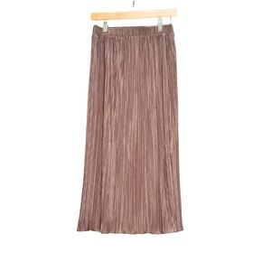 Taupe Pleated Midi Skirt S | Elastic Waist Flowy Fit